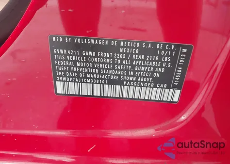 2012 Volkswagen Jetta 2.5L Se z USA, uszkodzony, nr VIN 3VWDP7AJ1CM338101